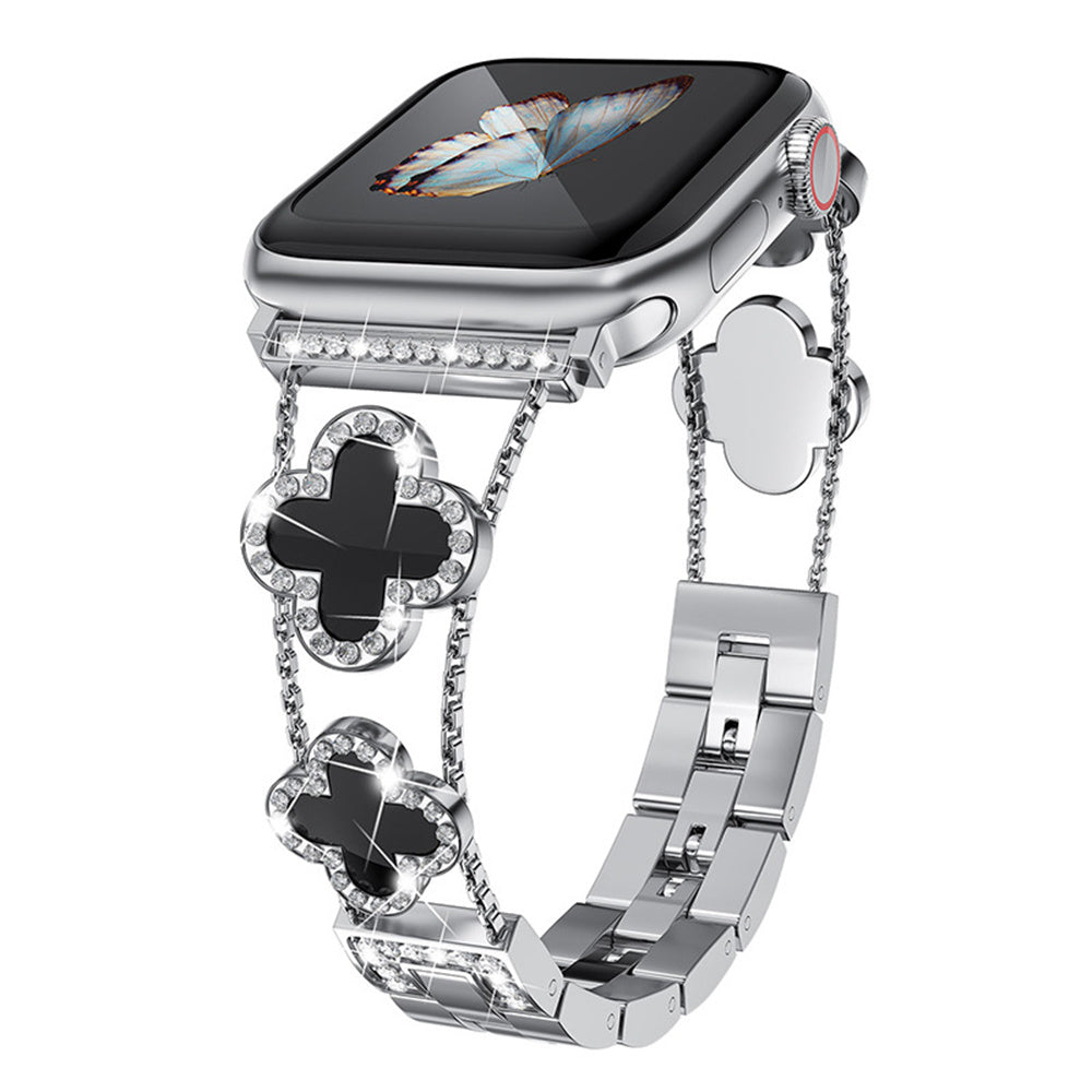 Silver Black Clover Metal Link Watch Band