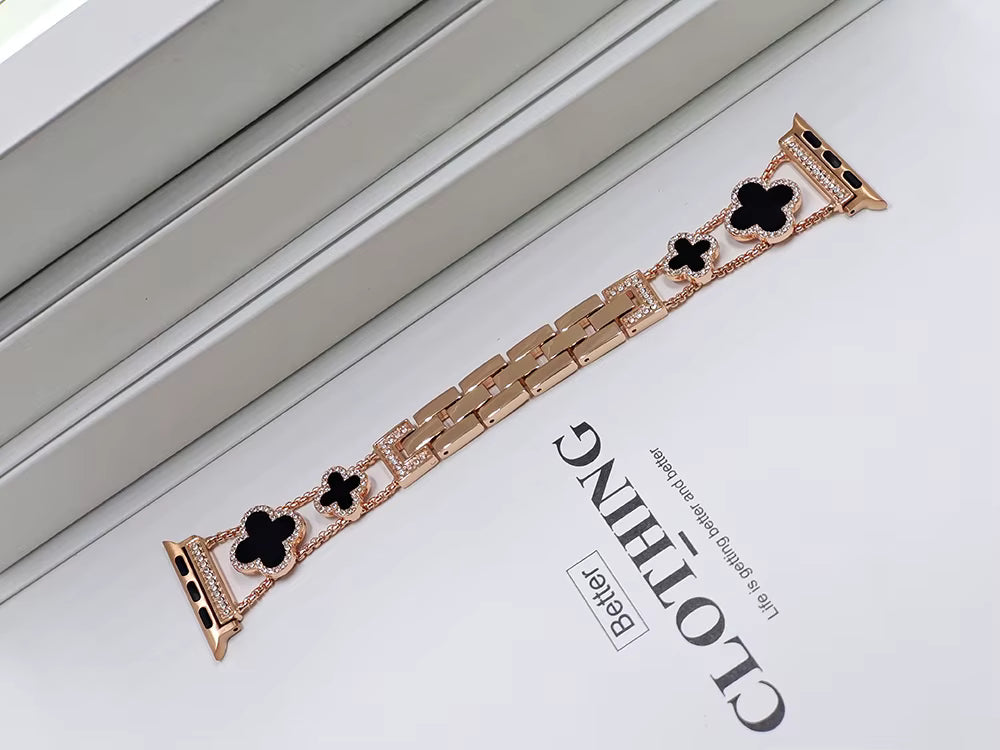 Rose Gold Black Clover Metal Link Watch Band