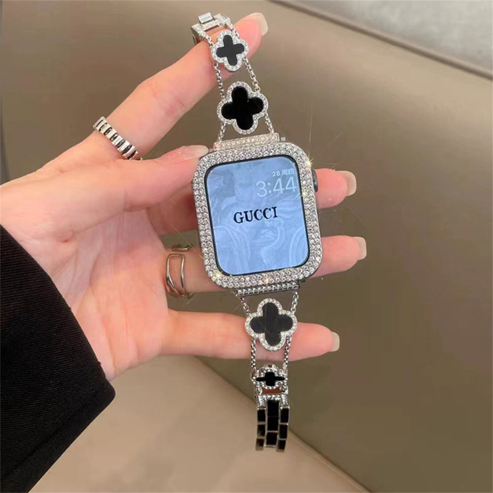 Silver Black Clover Metal Link Watch Band