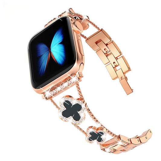 Gold Black Clover Metal Link Watch Band