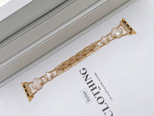 Gold White Clover Metal Link Watch Band