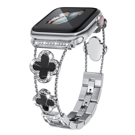 Silver Black Clover Metal Link Watch Band