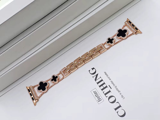 Rose Gold Black Clover Metal Link Watch Band