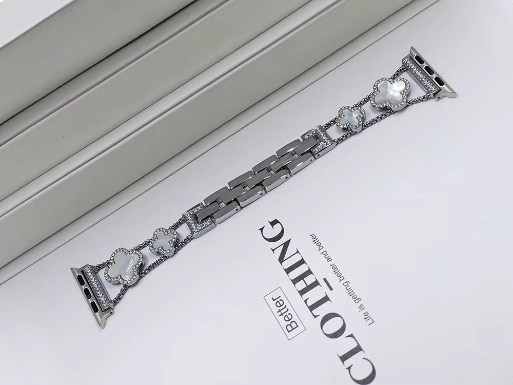Silver White Clover Metal Link Watch Band