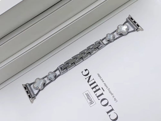 Silver White Clover Metal Link Watch Band