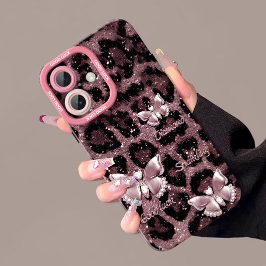 Pink Leopard Butterfly Glitter Phone Case