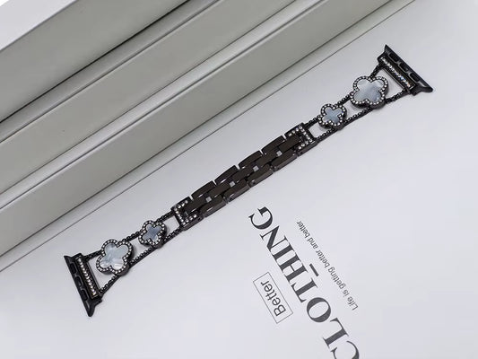 Black White Clover Metal Link Watch Band