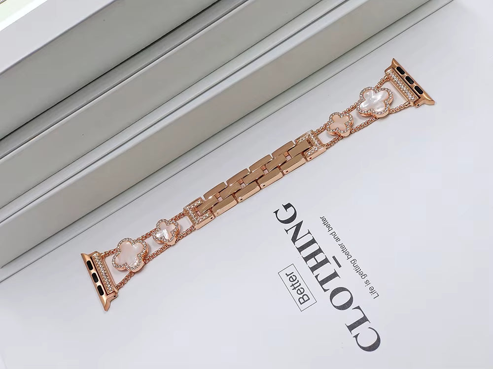 Rose Gold White Clover Metal Link Watch Band