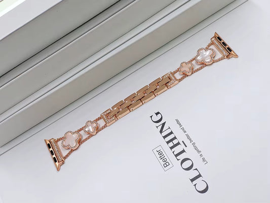 Rose Gold White Clover Metal Link Watch Band