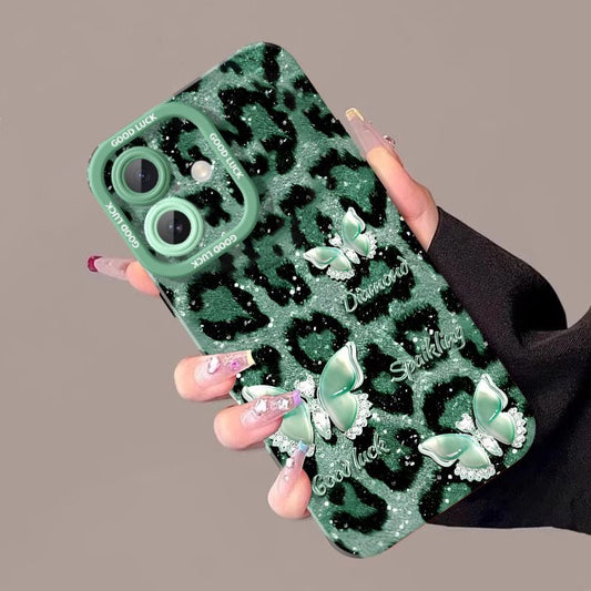 Green Leopard Butterfly Glitter Phone Case